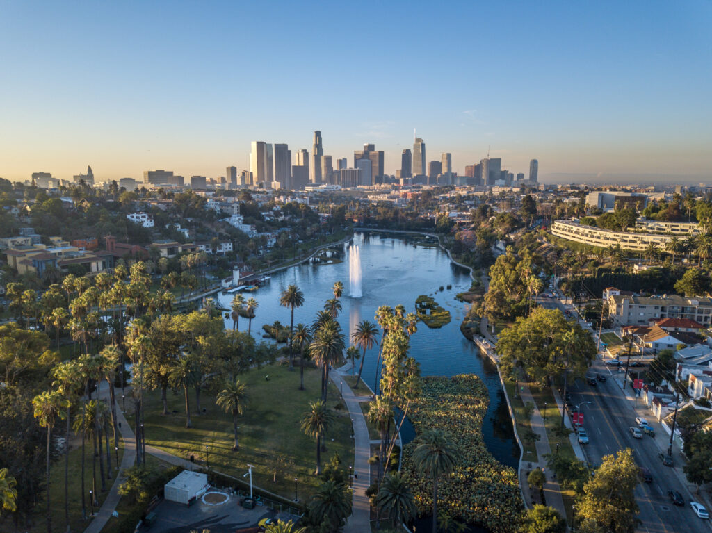 Aerial view of downtown Los Angeles skyline and Echo Park Lake, representing commercial, government, and public sector facilities served across Los Angeles.